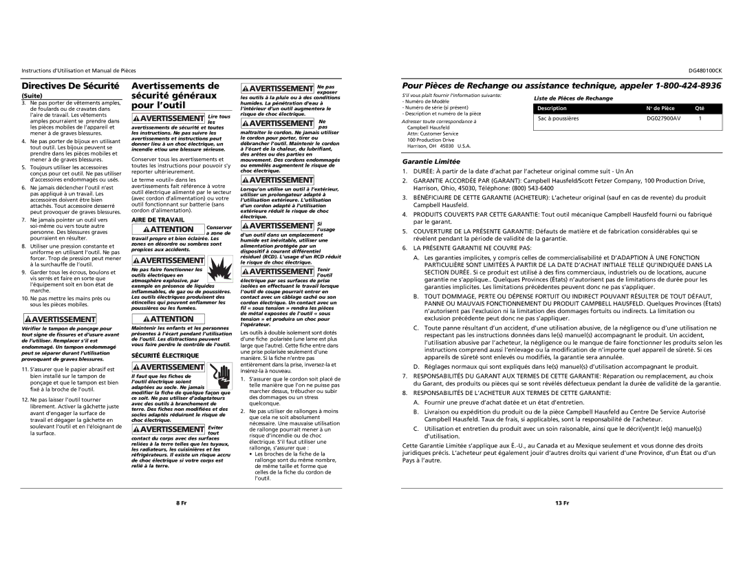 Campbell Hausfeld DG480100CK Directives De Sécurité Avertissements de, Sécurité généraux pour l’outil, Garantie Limitée 