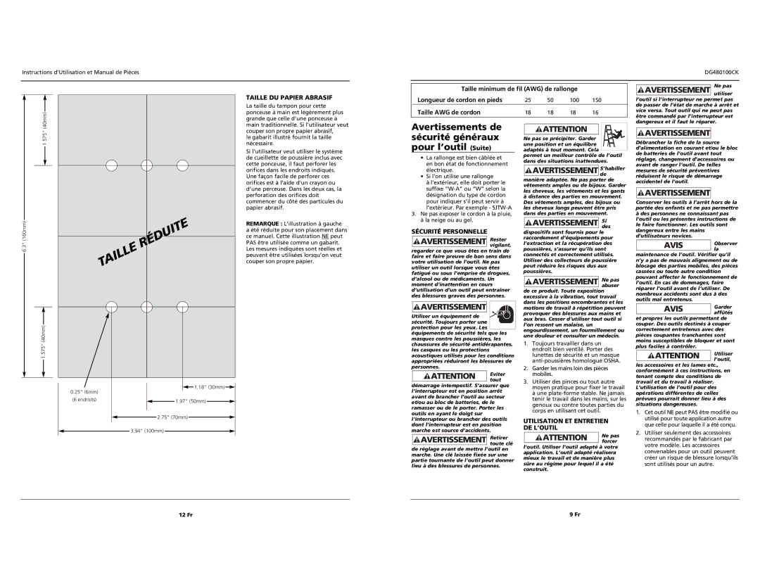 Campbell Hausfeld DG480100CK Avertissements de sécurité généraux pour l’outil Suite, Taille DU Papier Abrasif 