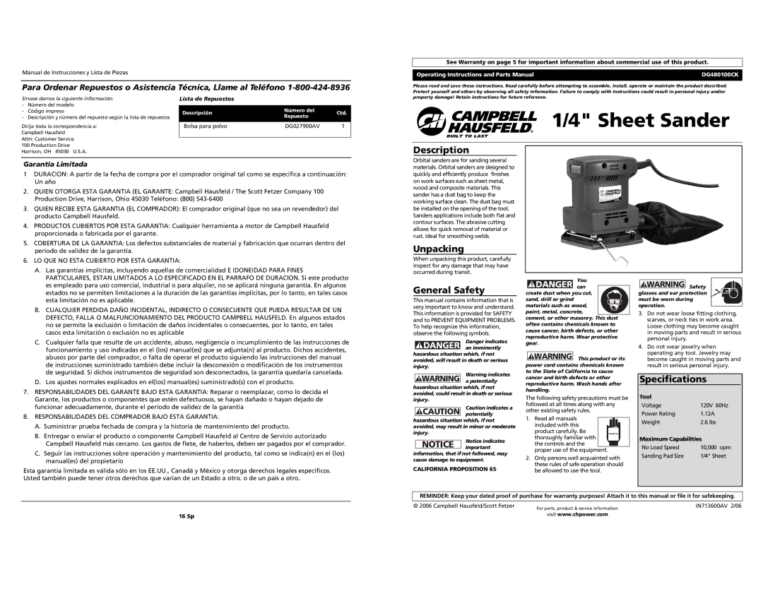 Campbell Hausfeld DG480100CK specifications Description, Unpacking, General Safety, Specifications, Garantía Limitada 