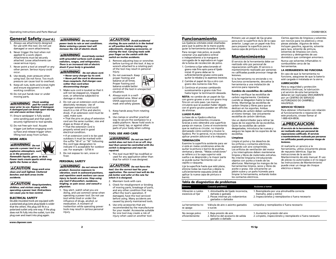 Campbell Hausfeld DG480100CK General Safety Cont’d, Funcionamiento, Mantenimiento, Tabla de diagnóstico de problemas 