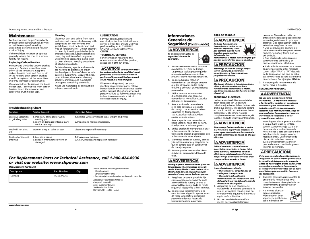 Campbell Hausfeld DG480100CK Maintenance, Informaciones, Generales de Seguridad Continuación, Troubleshooting Chart 