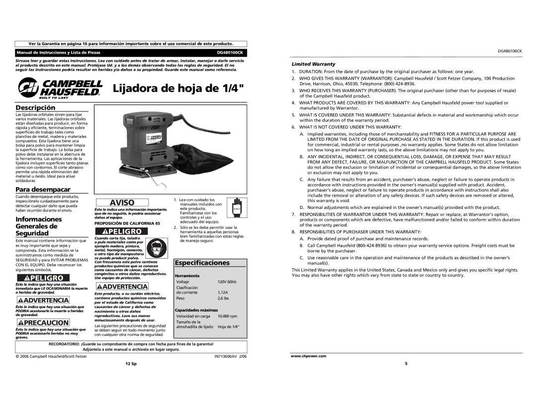 Campbell Hausfeld DG480100CK Aviso, Descripción, Para desempacar, Informaciones Generales de Seguridad, Especificaciones 