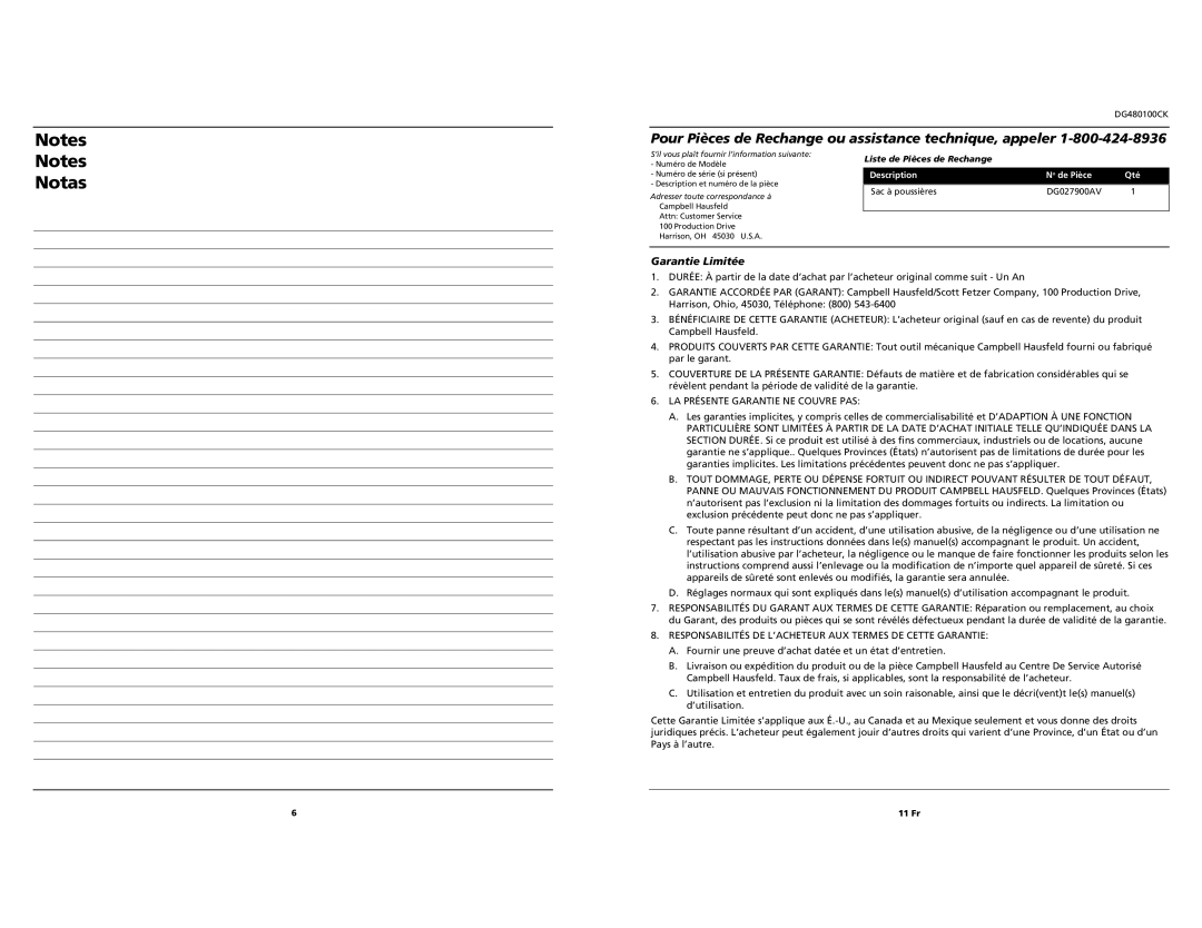 Campbell Hausfeld DG480100CK specifications Garantie Limitée, LA Présente Garantie NE Couvre PAS, 11 Fr 