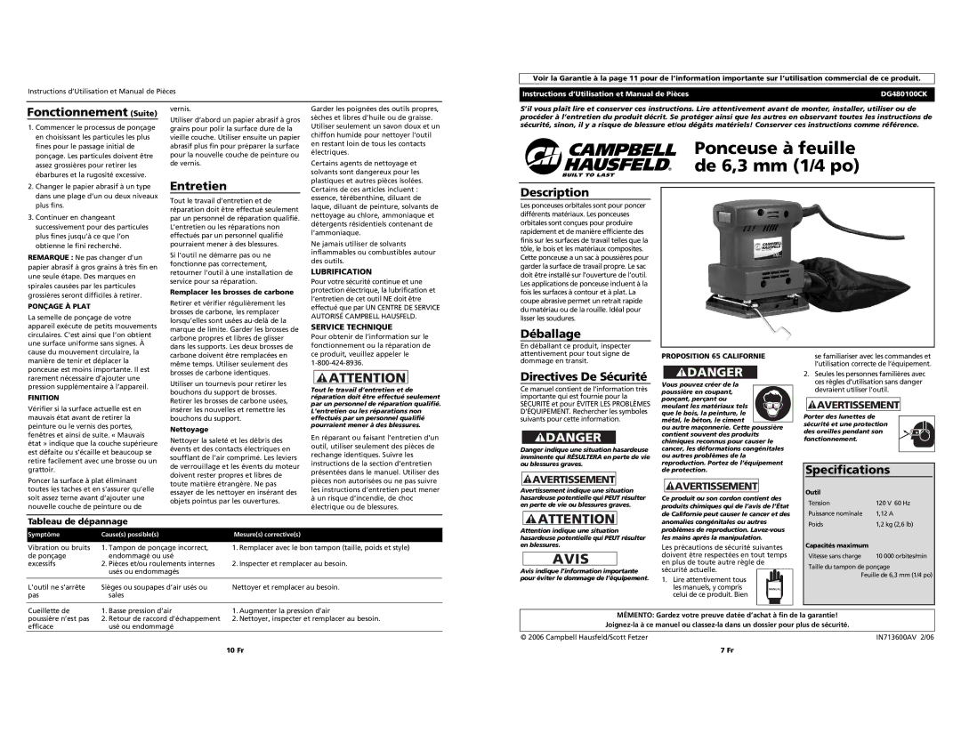 Campbell Hausfeld DG480100CK specifications Avis, Fonctionnement Suite, Entretien, Déballage, Directives De Sécurité 