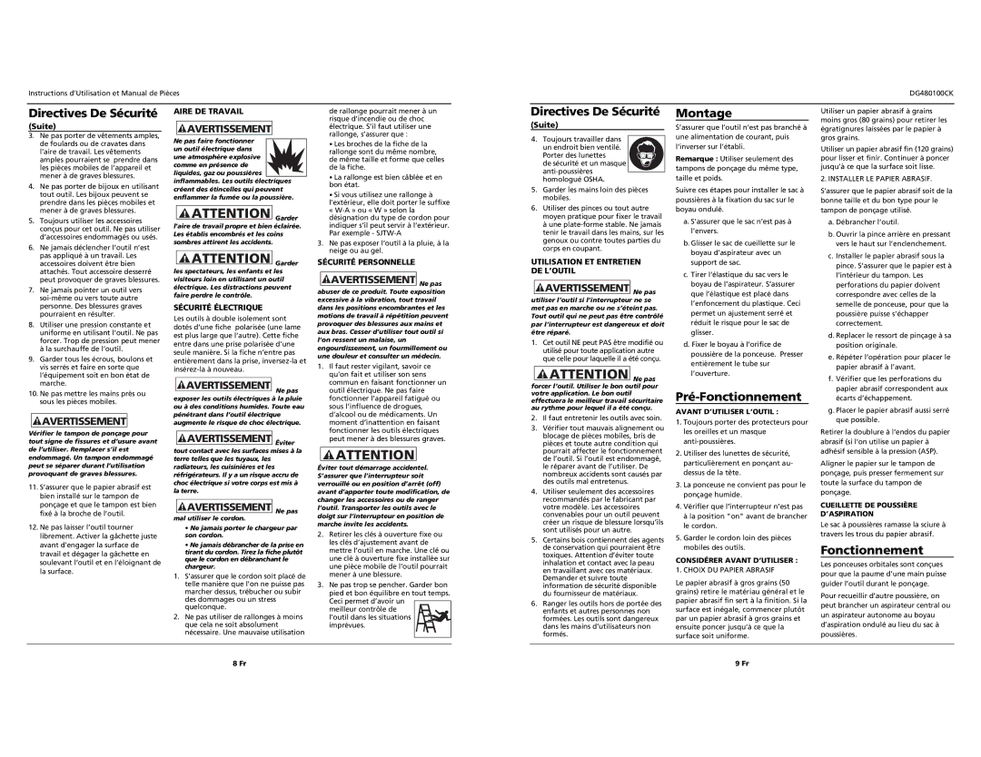 Campbell Hausfeld DG480100CK specifications Montage, Pré-Fonctionnement 