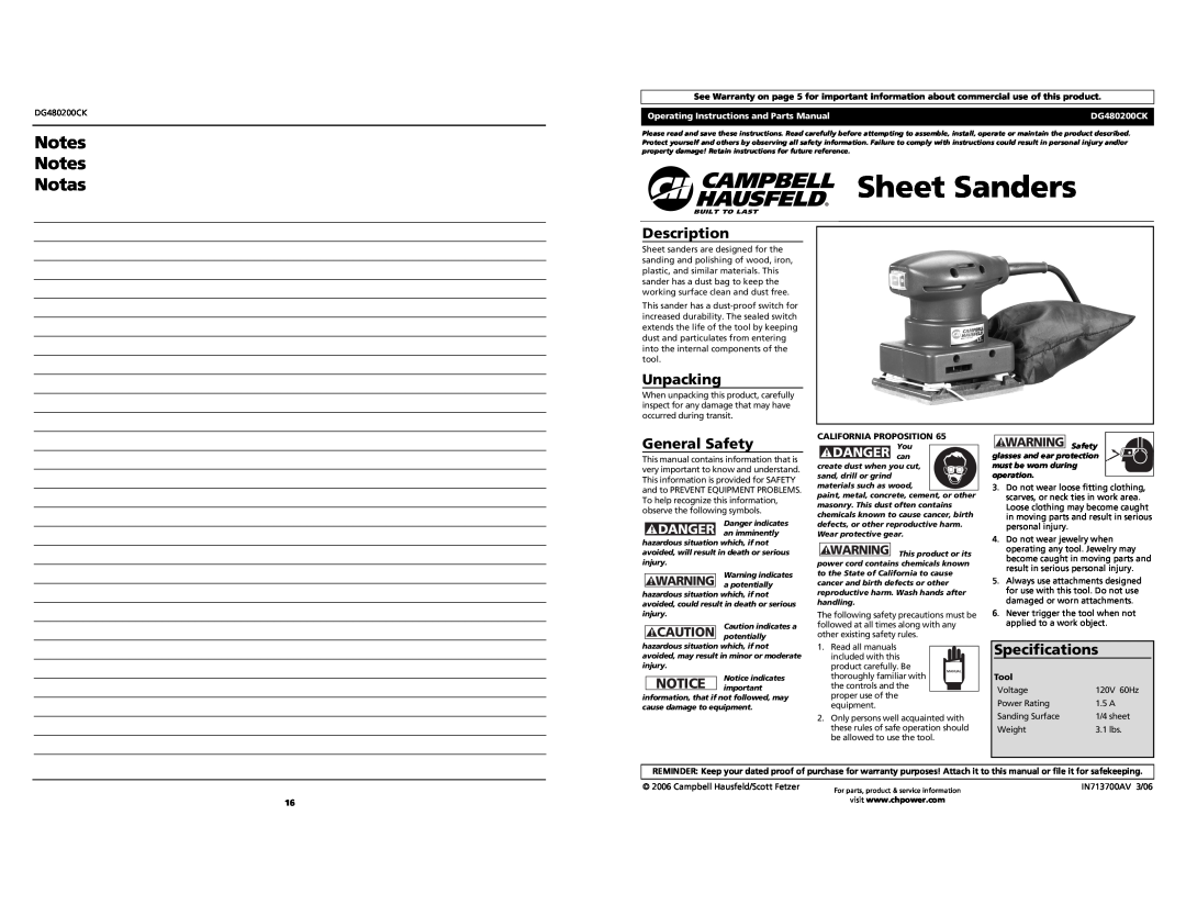 Campbell Hausfeld DG480200CK specifications Sheet Sanders, Notas, DANGER Youcan, WARNING Safety 