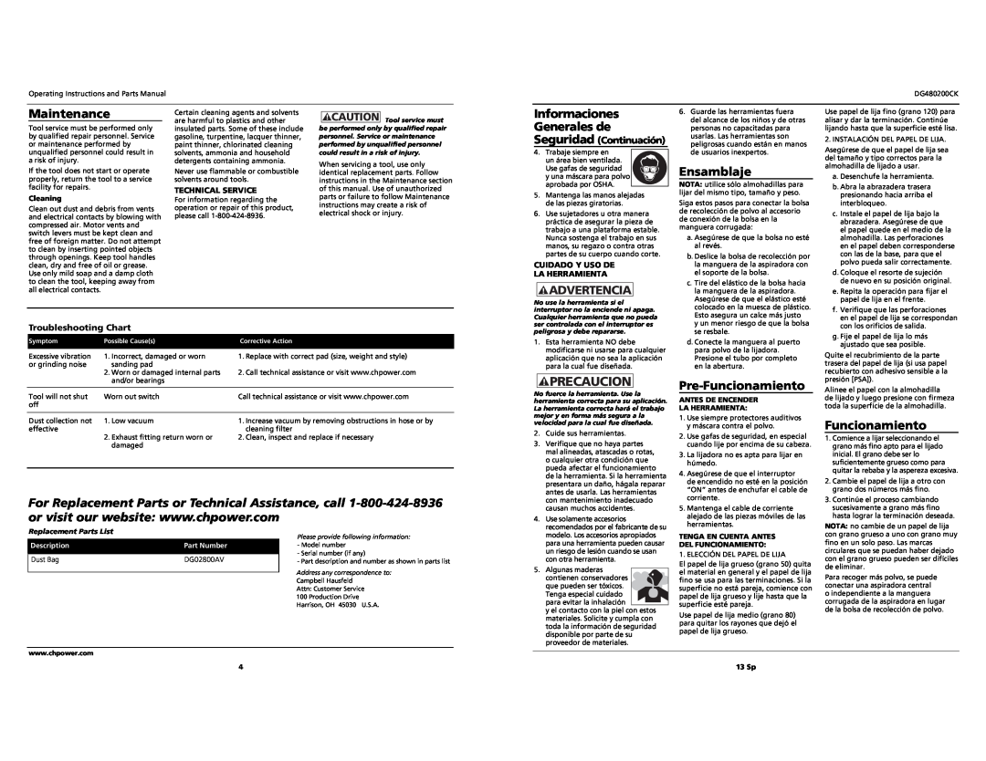 Campbell Hausfeld DG480200CK Precaucion, Informaciones Generales de Seguridad Continuación, Troubleshooting Chart 