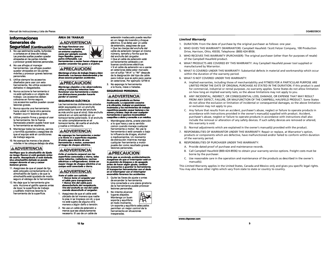 Campbell Hausfeld DG480200CK specifications Precaucion, Informaciones Generales de Seguridad Continuación, Limited Warranty 