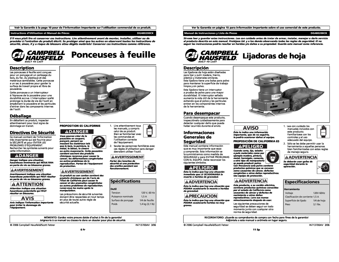 Campbell Hausfeld DG480200CK specifications Ponceuses à feuille, Aviso, Lijadoras de hoja, Danger, Peligro, Precaucion 