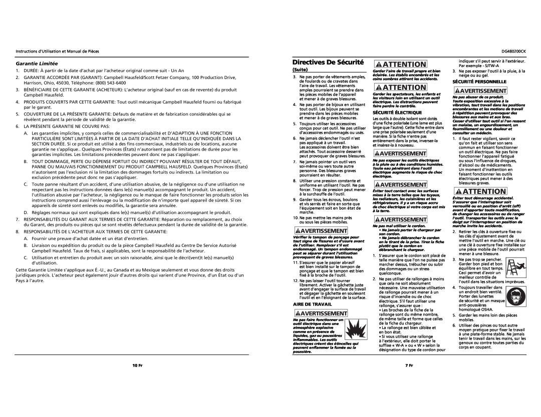 Campbell Hausfeld DG480200CK specifications Avertissement, Garantie Limitée, Suite, Aire De Travail, Sécurité Électrique 