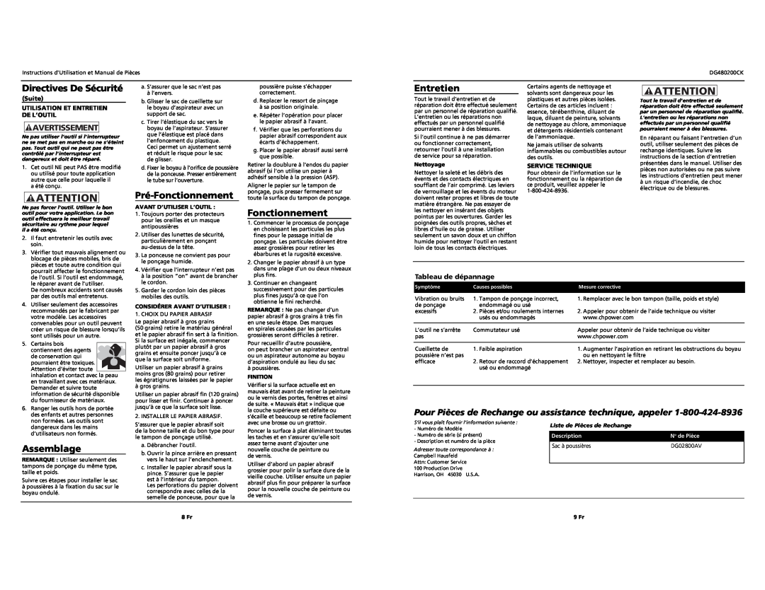 Campbell Hausfeld DG480200CK Avertissement, Pour Pièces de Rechange ou assistance technique, appeler, Tableau de dépannage 