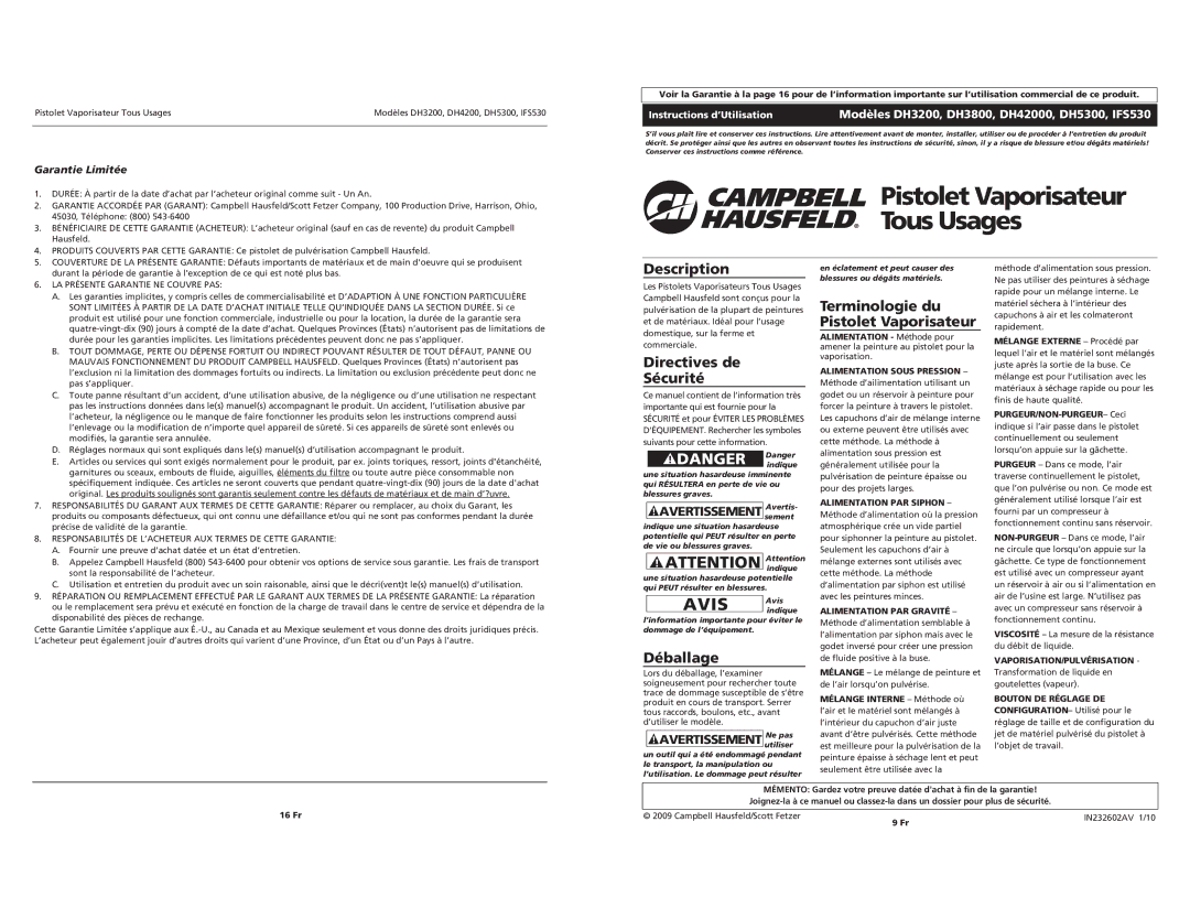 Campbell Hausfeld IFS530 Directives de Sécurité, Déballage, Terminologie du Pistolet Vaporisateur, Avertissement utiliser 