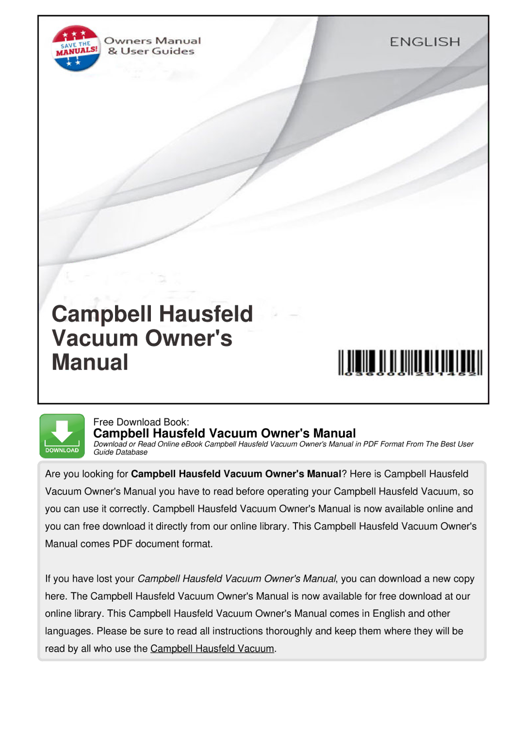 Campbell Hausfeld DH5500 owner manual Campbell Hausfeld Vacuum Owners Manual 