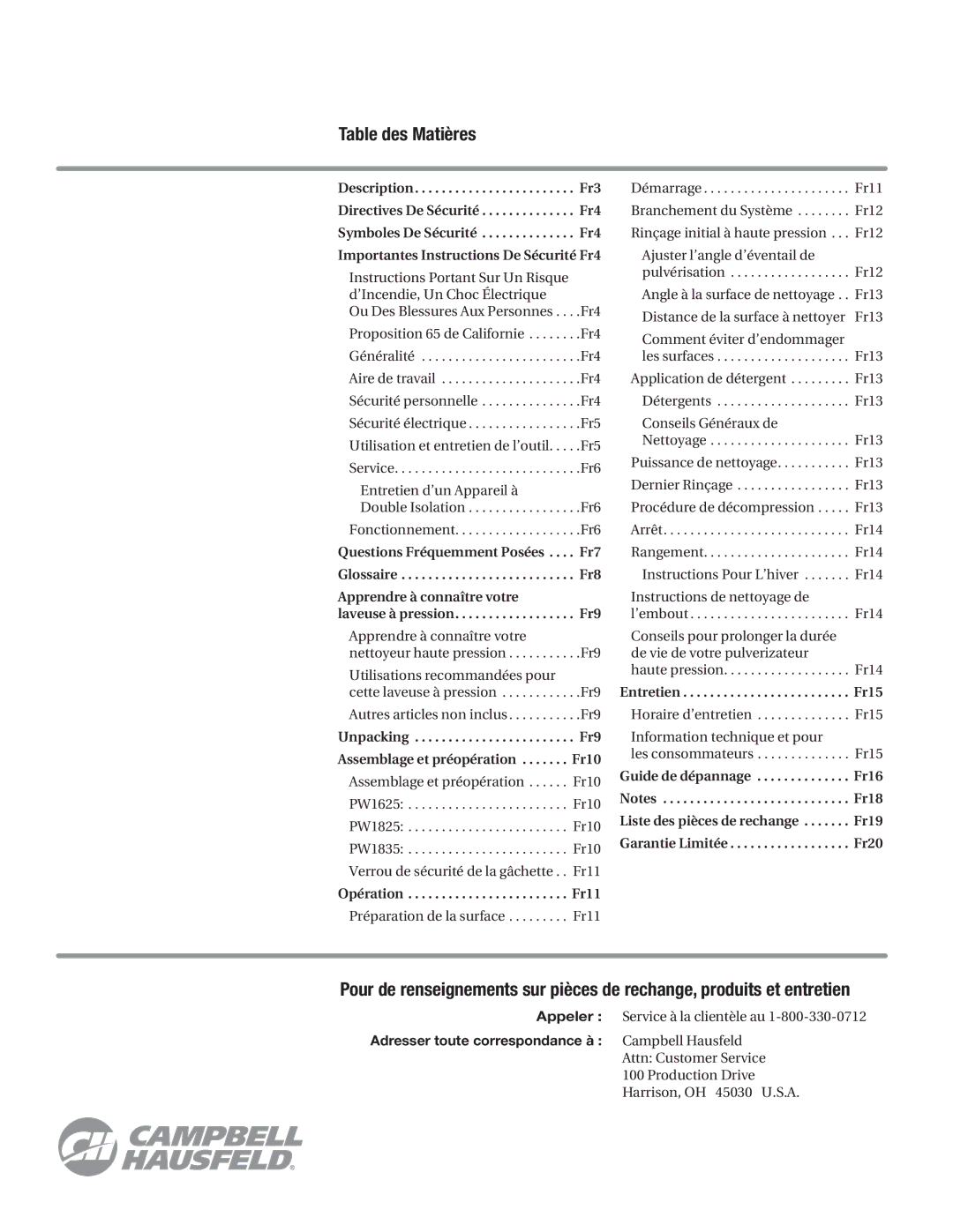 Campbell Hausfeld PW1825, DH550000AV, PW1605, PW1835, PW1625 Table des Matières, Importantes Instructions De Sécurité Fr4 