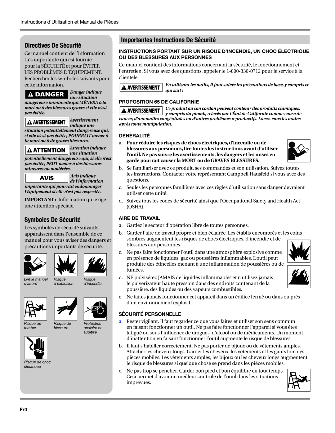 Campbell Hausfeld PW1625, DH550000AV Directives De Sécurité, Symboles De Sécurité, Importantes Instructions De Sécurité 