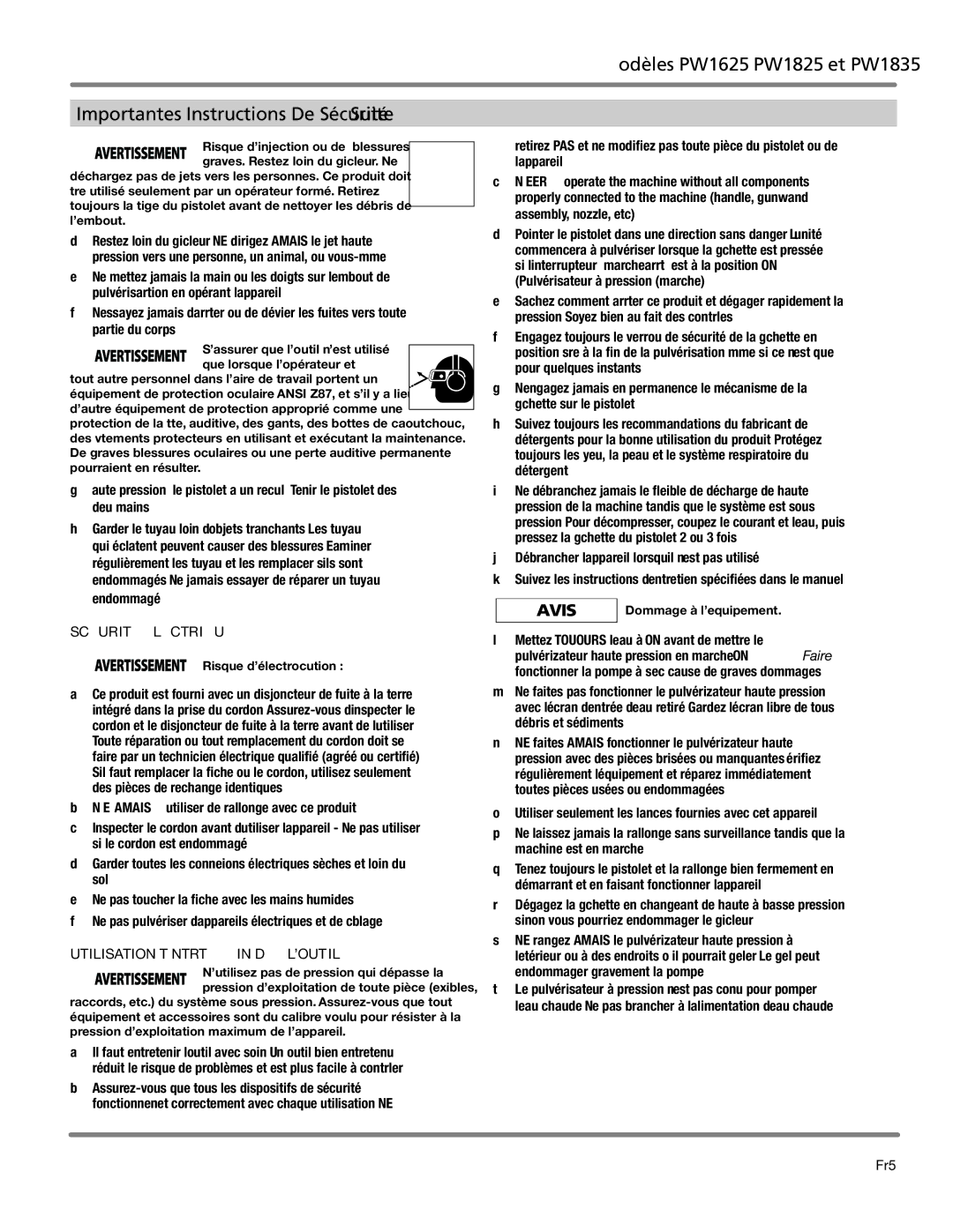 Campbell Hausfeld DH550000AV, PW1605, PW1825, PW1835 Importantes Instructions De Sécurité Suite, Sécurité électrique, Fr5 