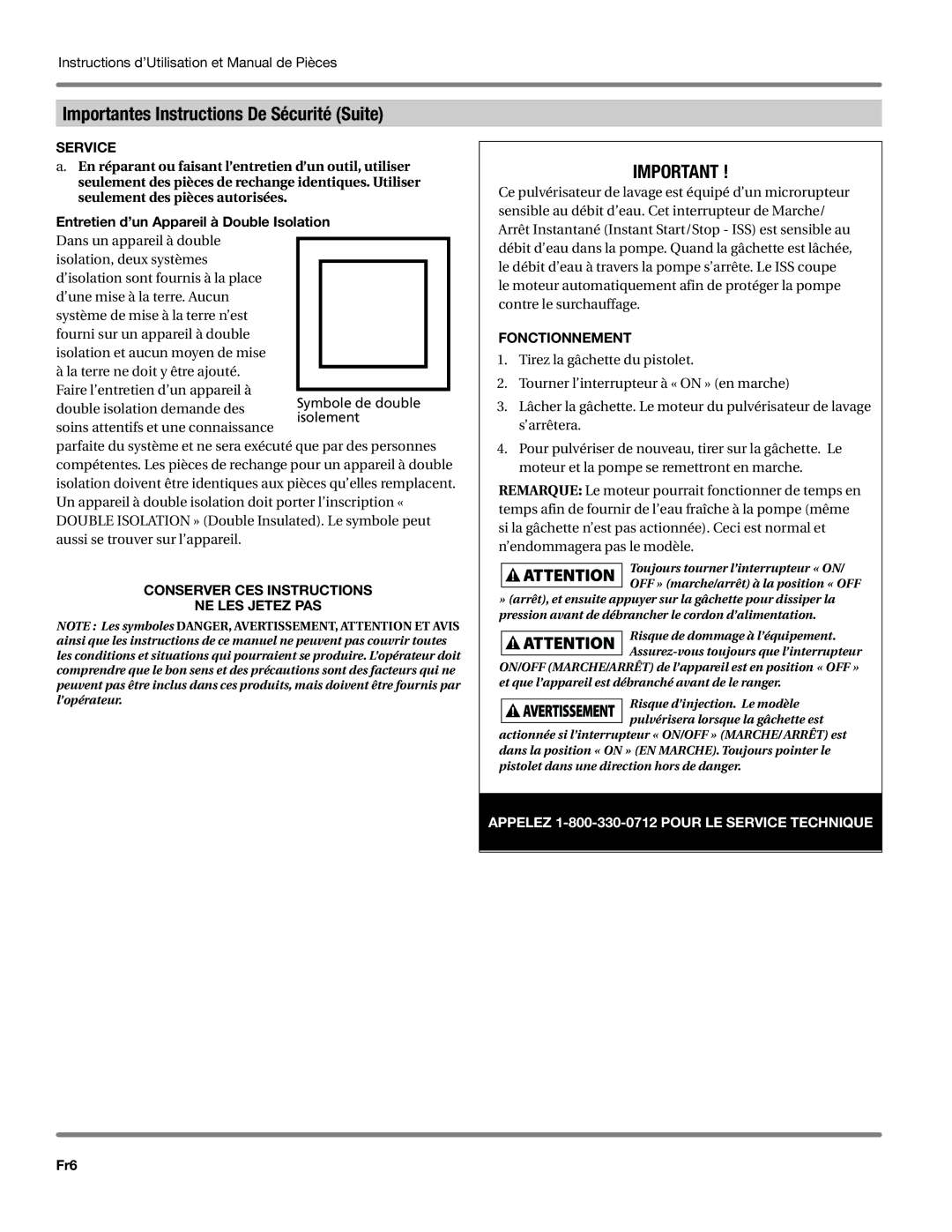 Campbell Hausfeld PW1605 Entretien d’un Appareil à Double Isolation, Conserver ces instructions Ne les jetez pas, Fr6 