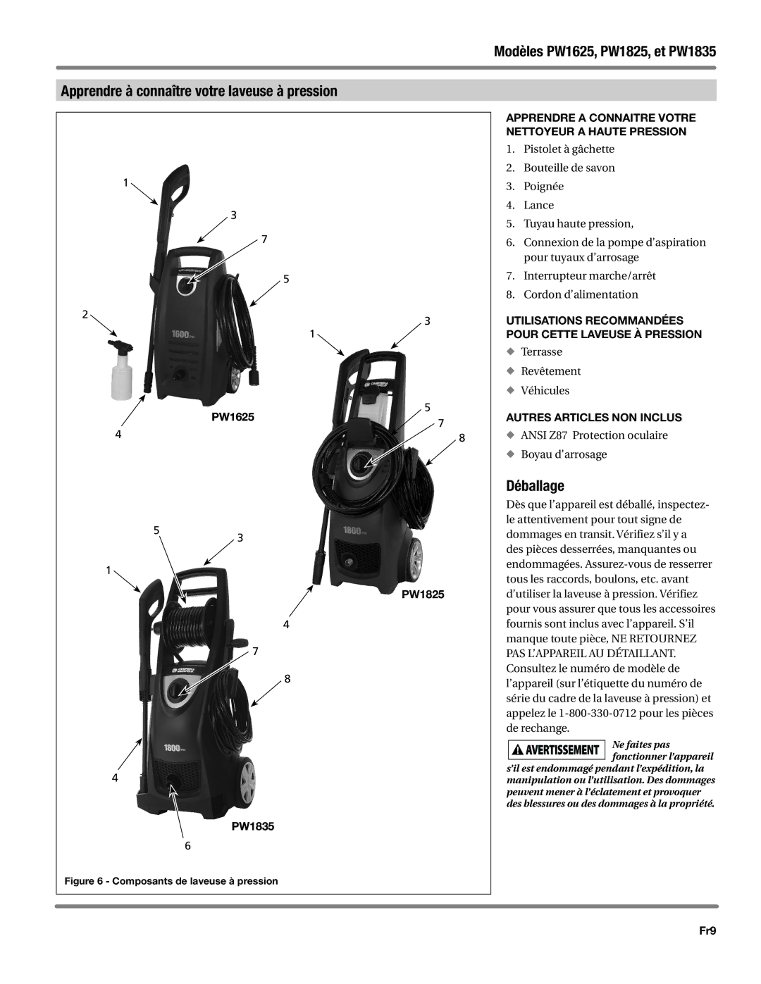 Campbell Hausfeld DH550000AV Déballage, PW16257 PW1825, Utilisations recommandées pour cette laveuse à pression, Fr9 