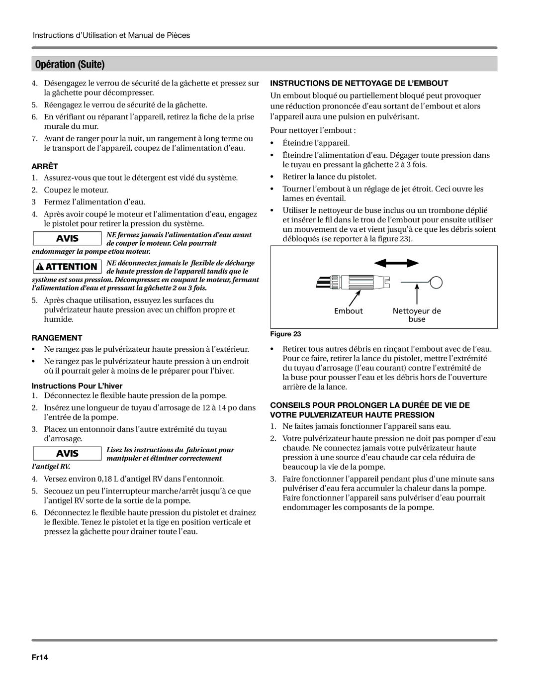 Campbell Hausfeld PW1625, PW1605 Arrêt, Rangement Instructions de nettoyage de l’embout, Instructions Pour L’hiver, Fr14 