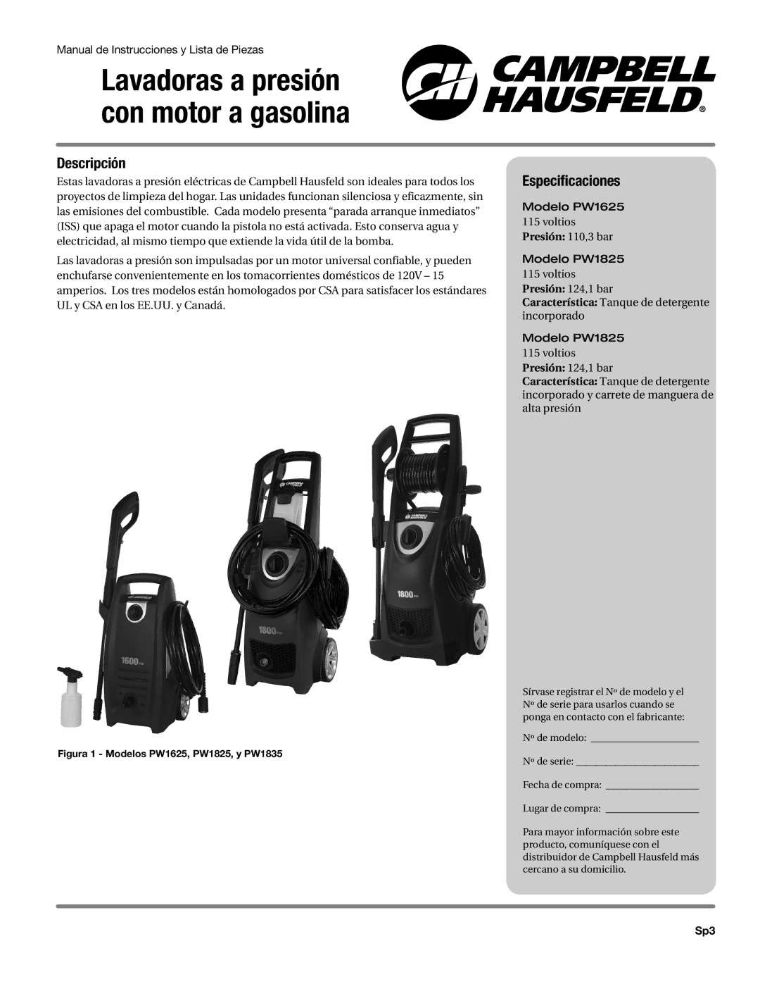 Campbell Hausfeld PW1835, DH550000AV, PW1605, PW1825, PW1625 operating instructions Descripción, Especificaciones, Sp3 