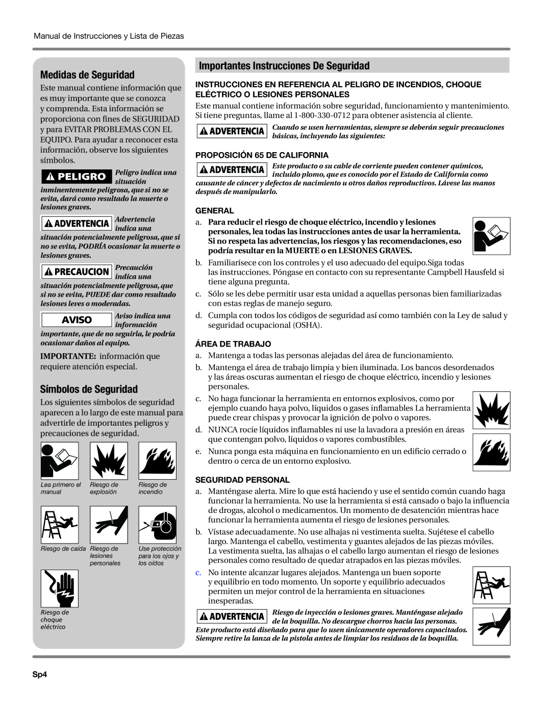 Campbell Hausfeld PW1625, DH550000AV Medidas de Seguridad, Símbolos de Seguridad, Importantes Instrucciones De Seguridad 