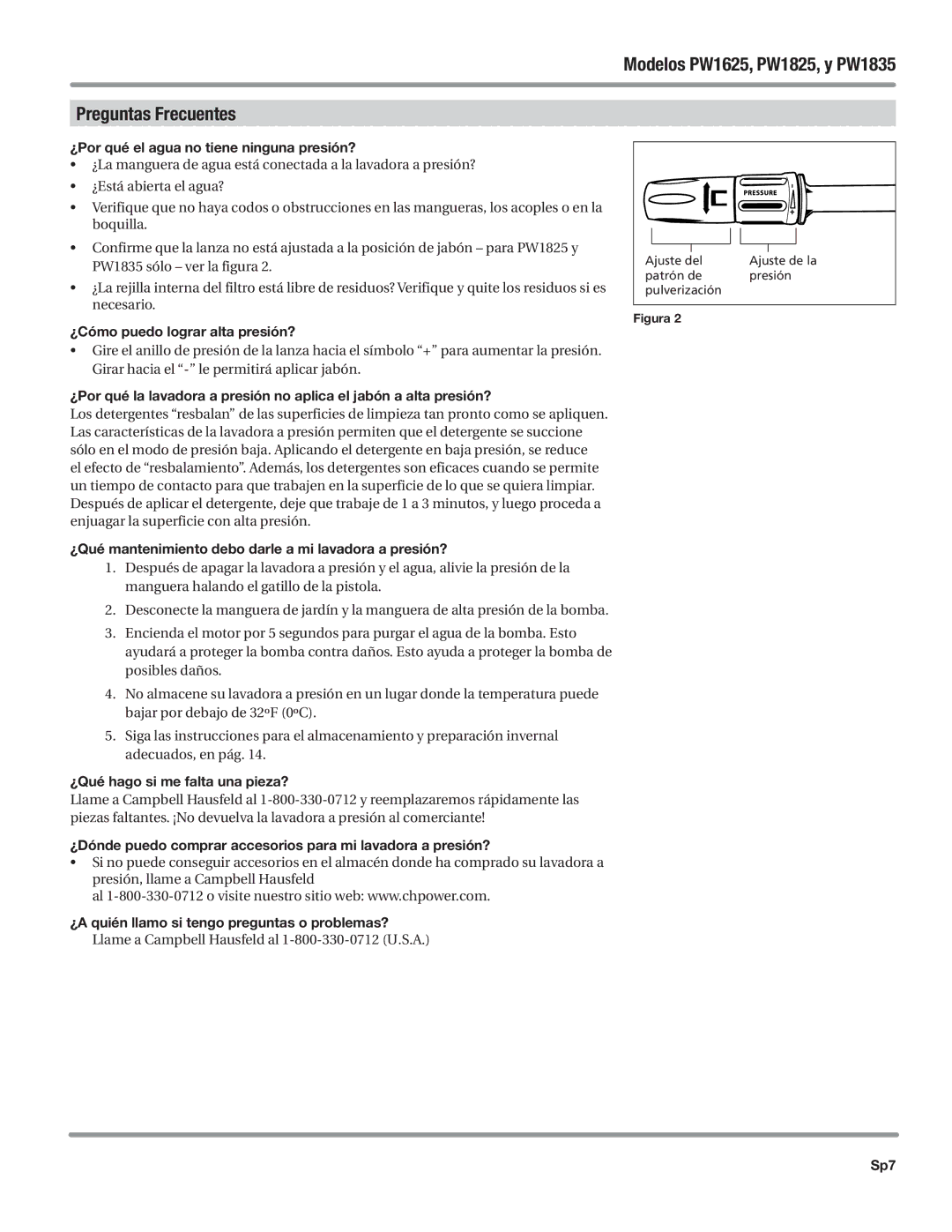 Campbell Hausfeld DH550000AV, PW1605 operating instructions Modelos PW1625, PW1825, y PW1835 Preguntas Frecuentes 