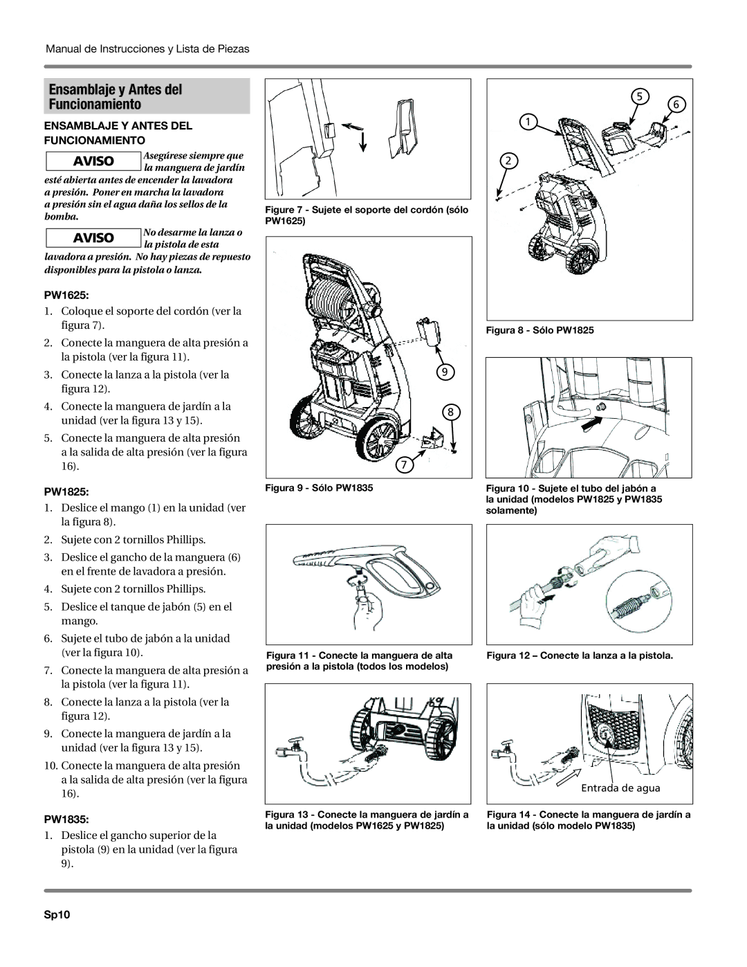 Campbell Hausfeld DH550000AV, PW1605, PW1825, PW1835, PW1625 operating instructions Ensamblaje y Antes del Funcionamiento, Sp10 