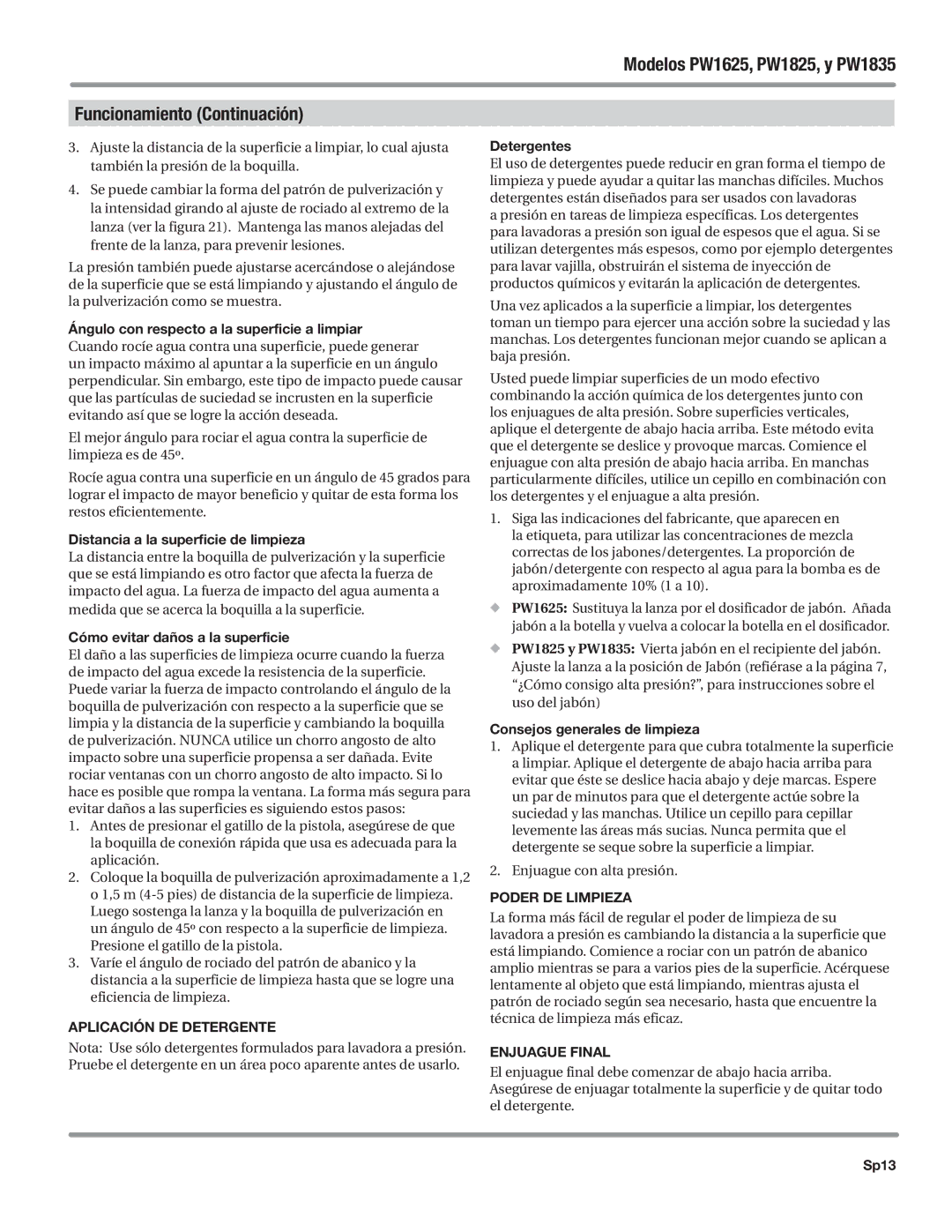 Campbell Hausfeld PW1835 Distancia a la superficie de limpieza, Cómo evitar daños a la superficie, Detergentes, Sp13 