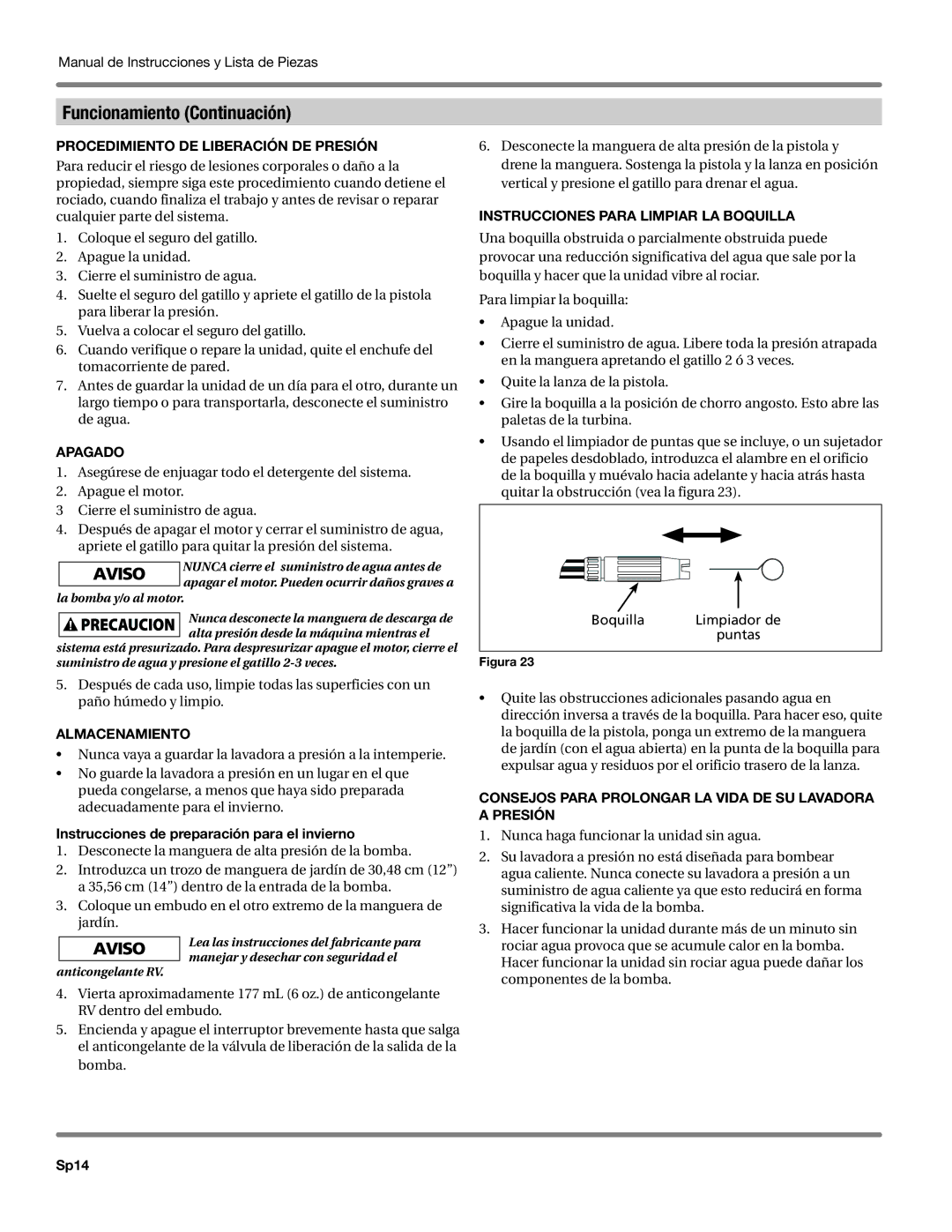 Campbell Hausfeld PW1625 Procedimiento de Liberación de Presión, Apagado, Instrucciones para limpiar la boquilla, Sp14 