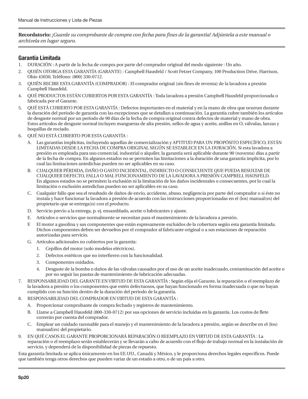 Campbell Hausfeld DH550000AV, PW1605, PW1825, PW1835, PW1625 operating instructions Garantía Limitada, Sp20 