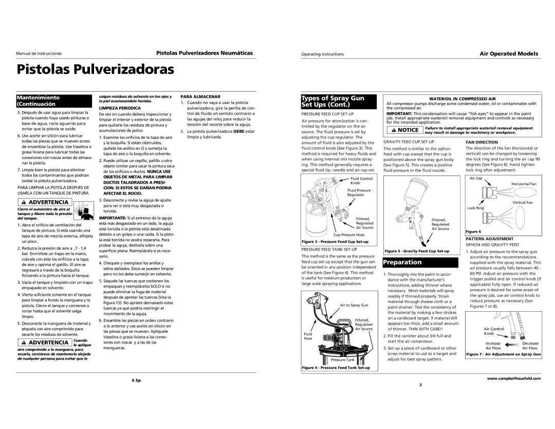 Campbell Hausfeld DH6500 Types of Spray Gun Set Ups, Preparation, Mantenimiento Continuación, Advertencia 
