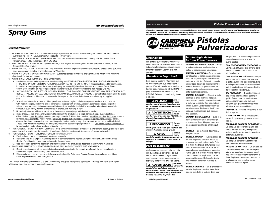 Campbell Hausfeld DH6500 Pistolas Pulverizadores Neumáticas, Descripción, Medidas de Seguridad, Para Desempacar 