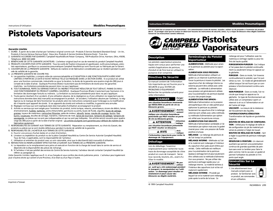 Campbell Hausfeld DH6500 Modèles Pneumatiques, Description, Directives De Sécurité, Déballage, Généralités Sur La Sécurité 