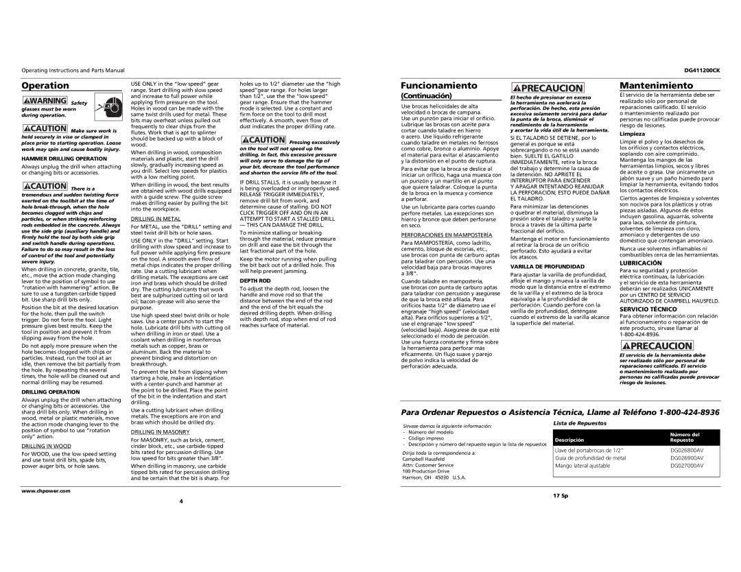 Campbell Hausfeld Drill specifications Operation, Funcionamiento, Mantenimiento, Lubricación, Servicio Técnico 