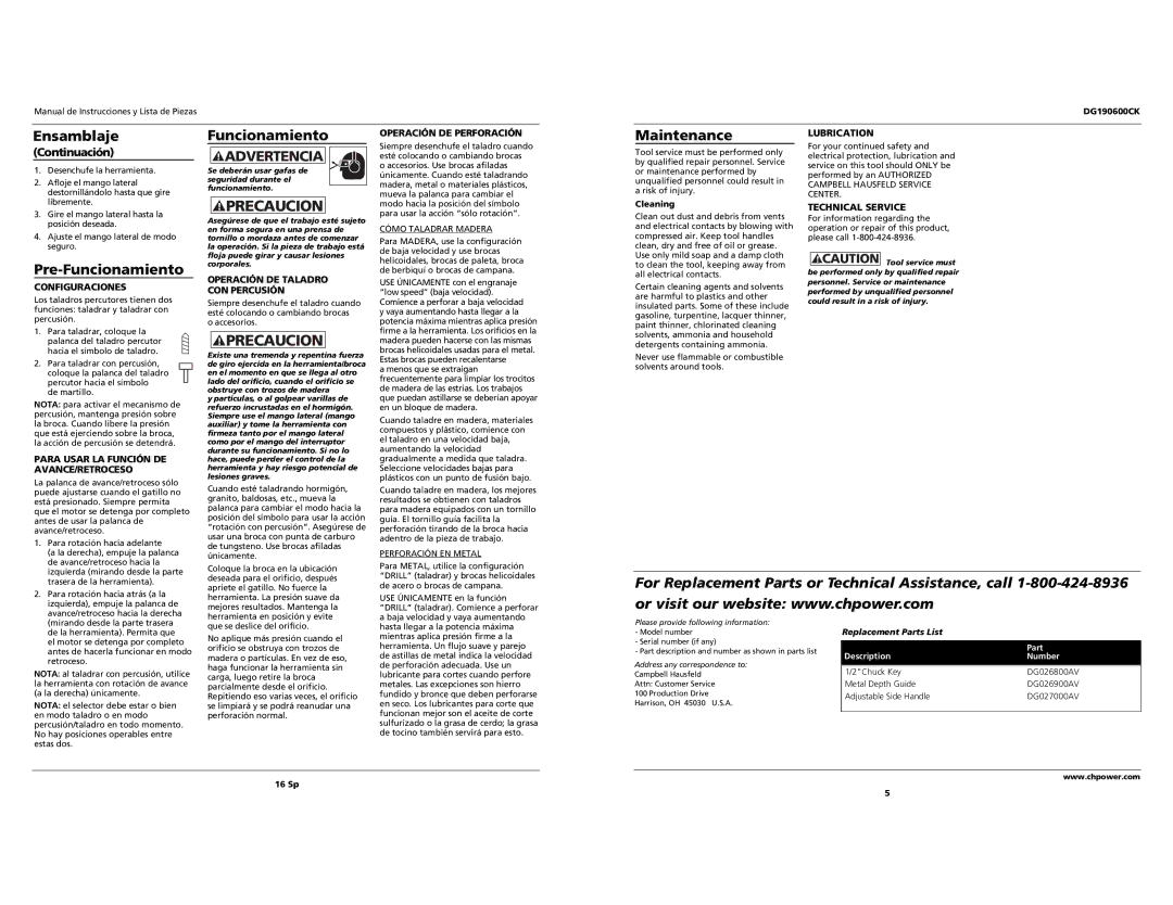 Campbell Hausfeld Drill specifications Ensamblaje Funcionamiento, Maintenance Lubrication, Pre-Funcionamiento 