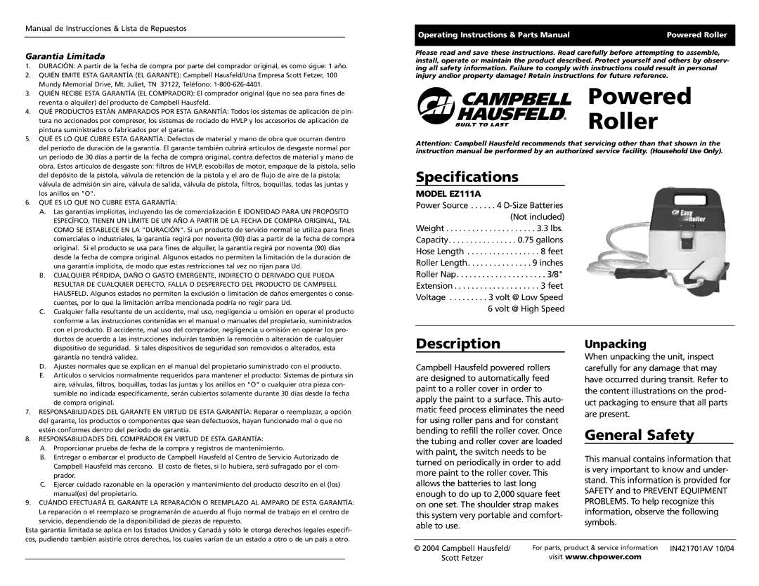 Campbell Hausfeld EZ111A specifications Powered, Roller, Specifications, Description, General Safety 