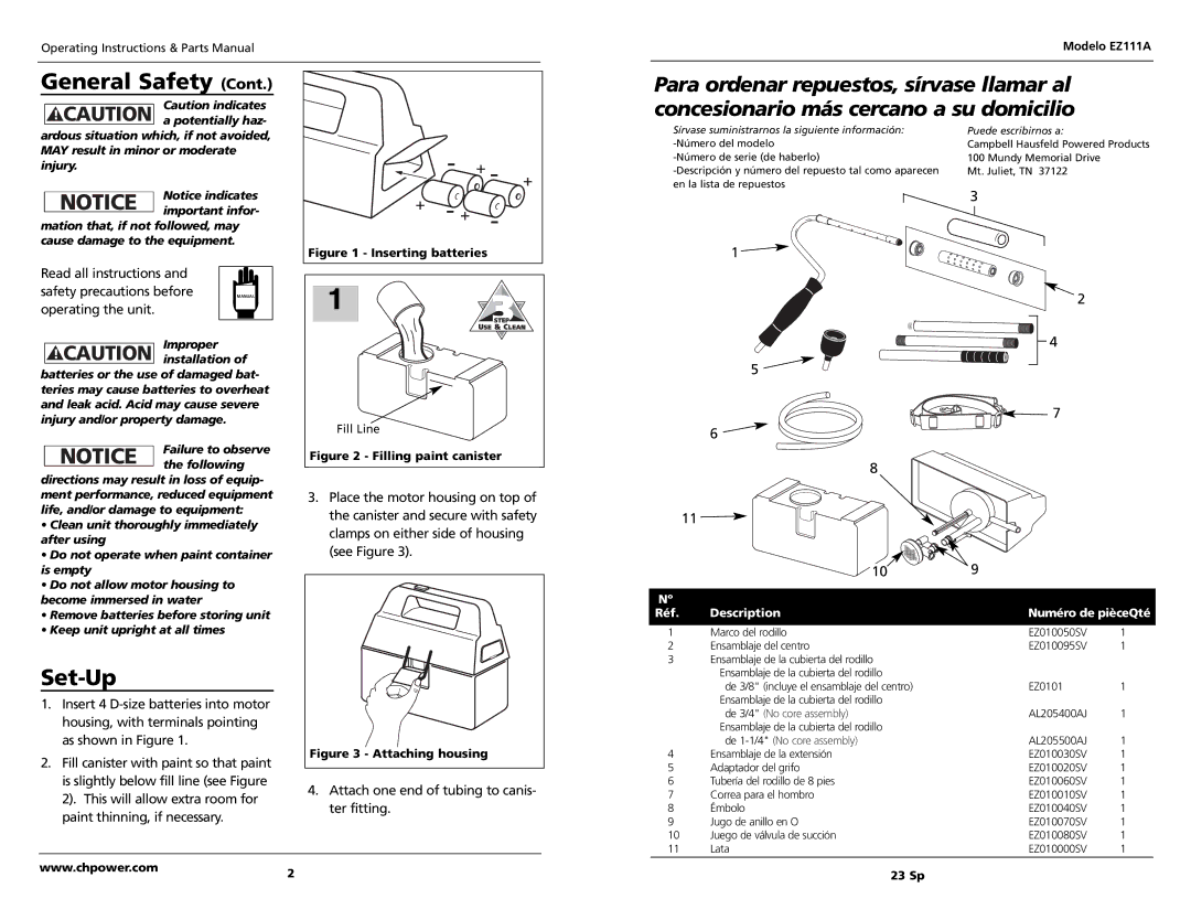 Campbell Hausfeld EZ111A specifications Attach one end of tubing to canis- ter fitting, Réf Description Numéro de pièceQté 