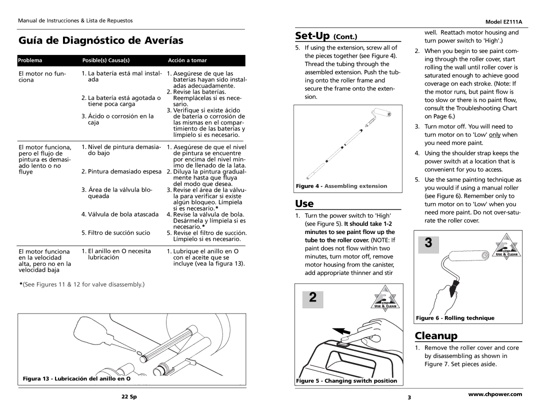 Campbell Hausfeld EZ111A specifications Guía de Diagnóstico de Averías, Set-Up, Use, Cleanup 