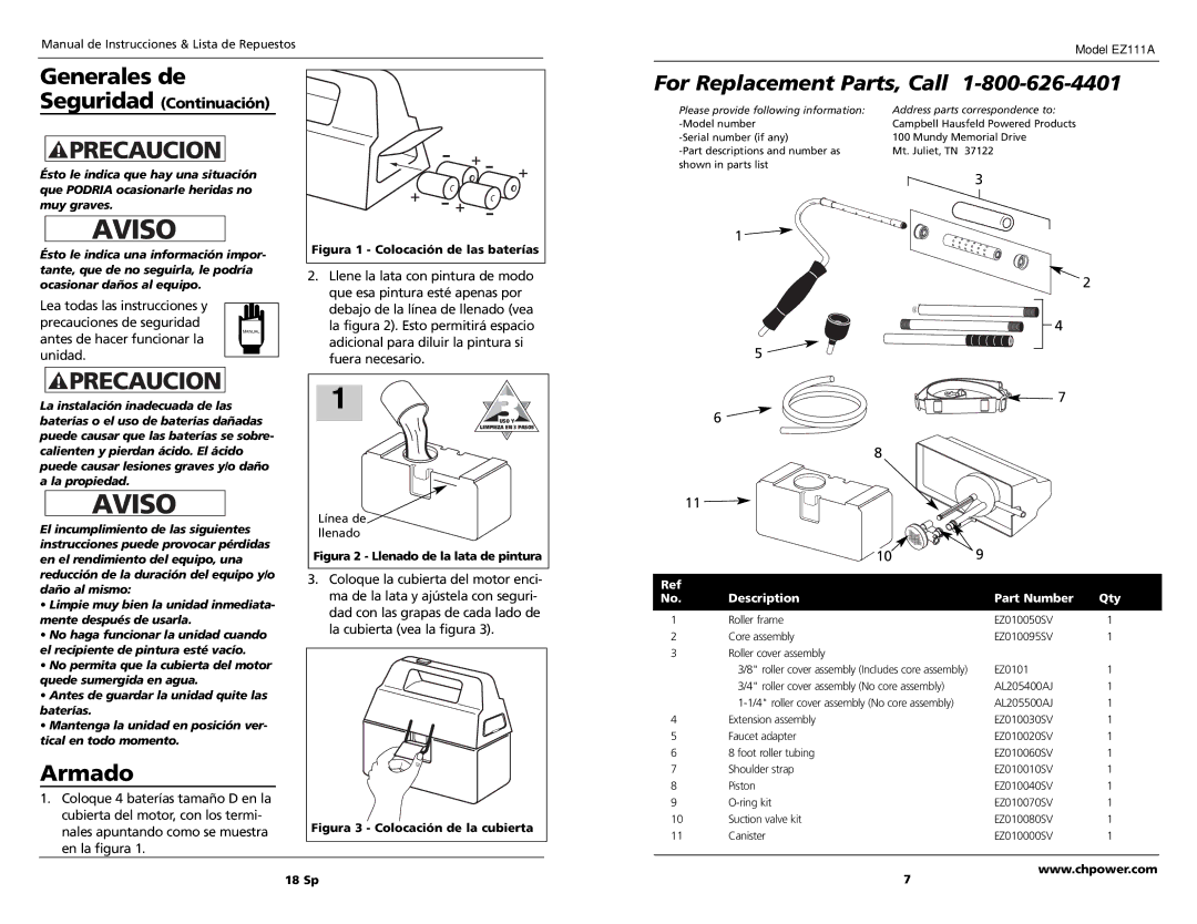 Campbell Hausfeld EZ111A specifications Generales de, Antes de hacer funcionar la unidad, Description Part Number Qty 