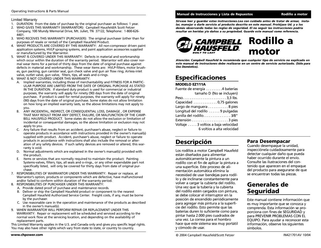 Campbell Hausfeld EZ111A specifications Rodillo a, Motor, Especificaciones, Descripción, Generales de Seguridad 