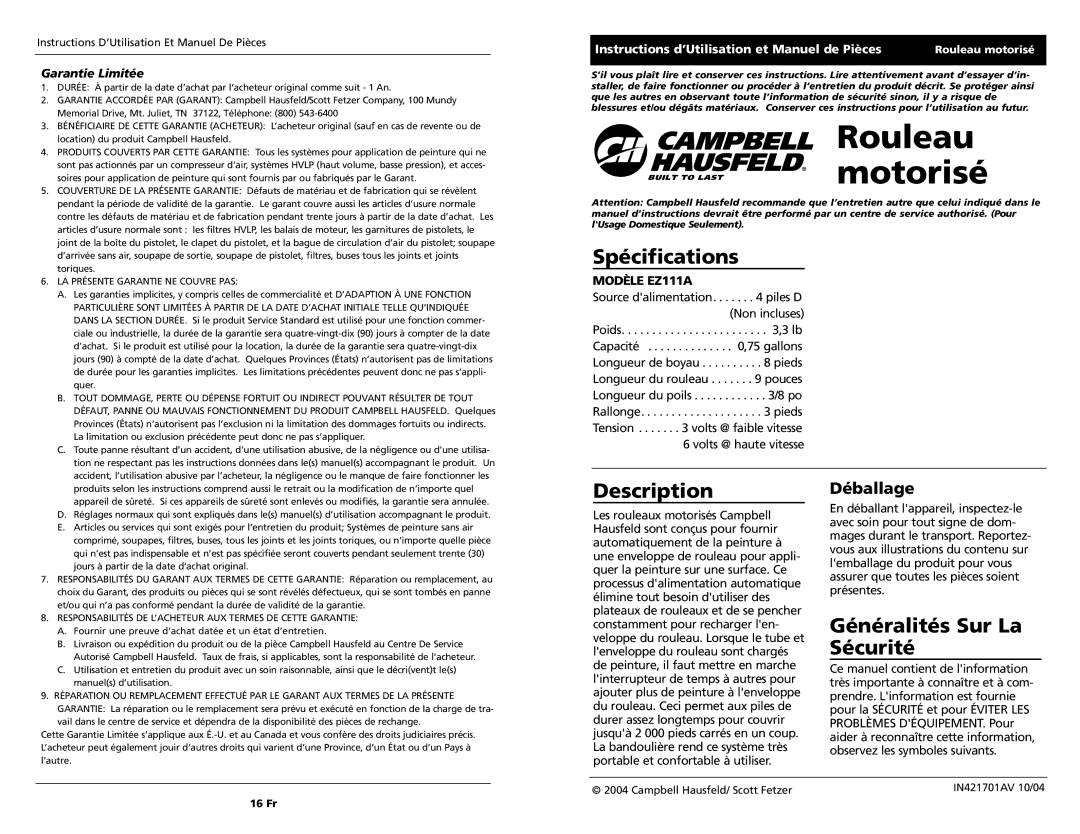 Campbell Hausfeld EZ111A specifications Rouleau, Motorisé, Spécifications, Généralités Sur La Sécurité, Déballage 