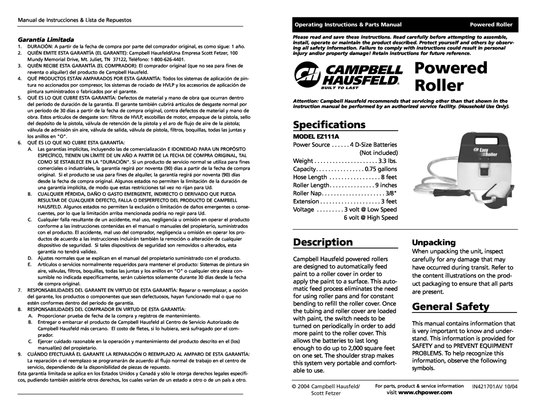 Campbell Hausfeld EZ111A specifications Powered, Roller, Specifications, Description, General Safety, Unpacking 