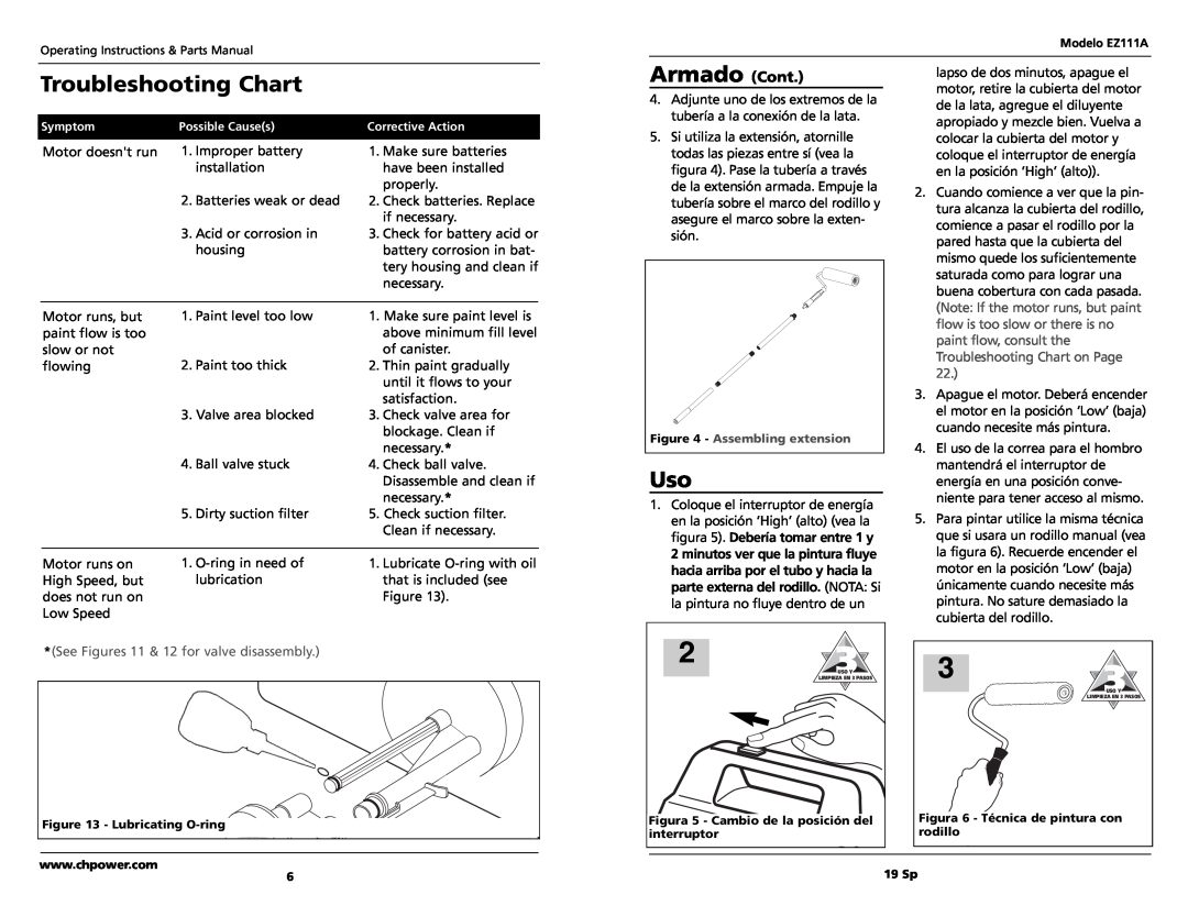 Campbell Hausfeld EZ111A specifications Troubleshooting Chart, Armado Cont, See Figures 11 & 12 for valve disassembly 