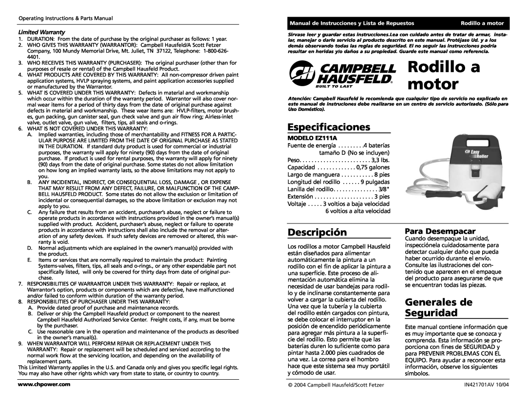 Campbell Hausfeld EZ111A Rodillo a, motor, Especificaciones, Descripción, Generales de Seguridad, Para Desempacar 