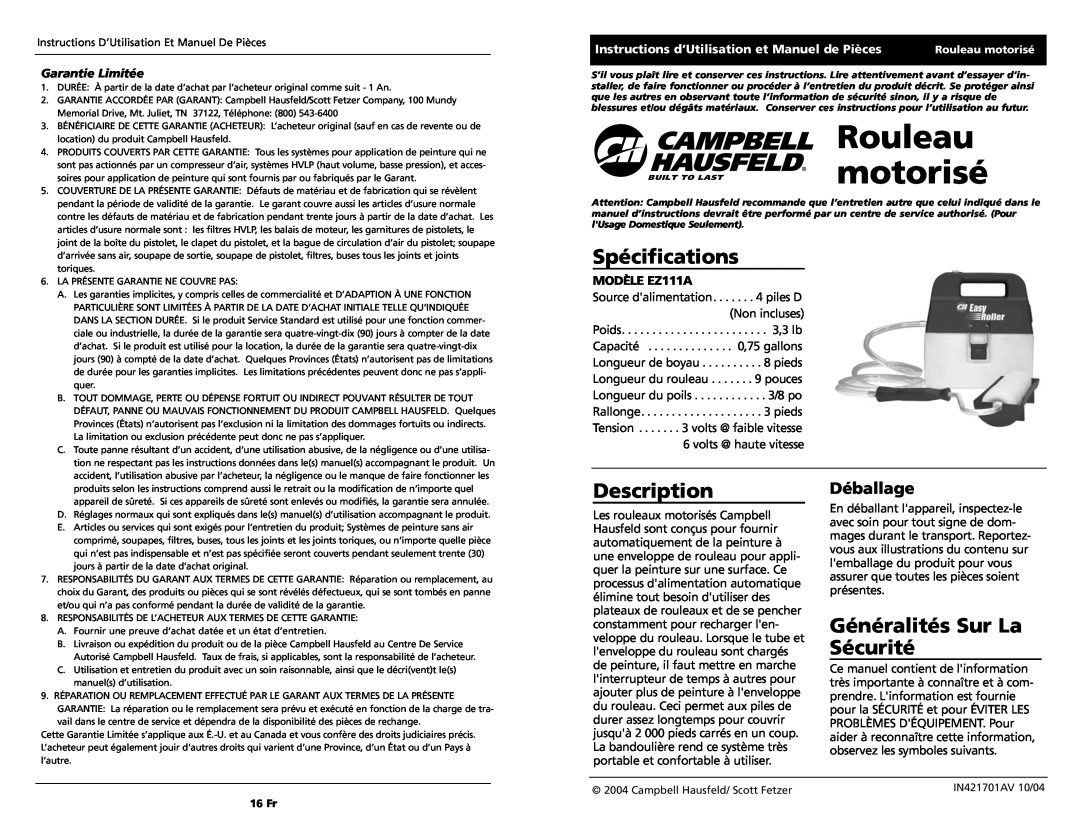 Campbell Hausfeld EZ111A Rouleau, motorisé, Spécifications, Généralités Sur La Sécurité, Déballage, Garantie Limitée 