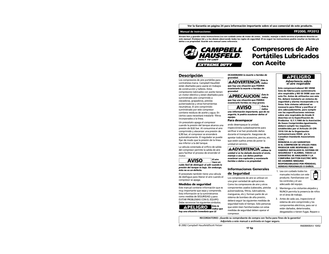 Campbell Hausfeld FP2000, FP2012 operating instructions Descripción, Advertencia indica, Advertencia utilizar la 