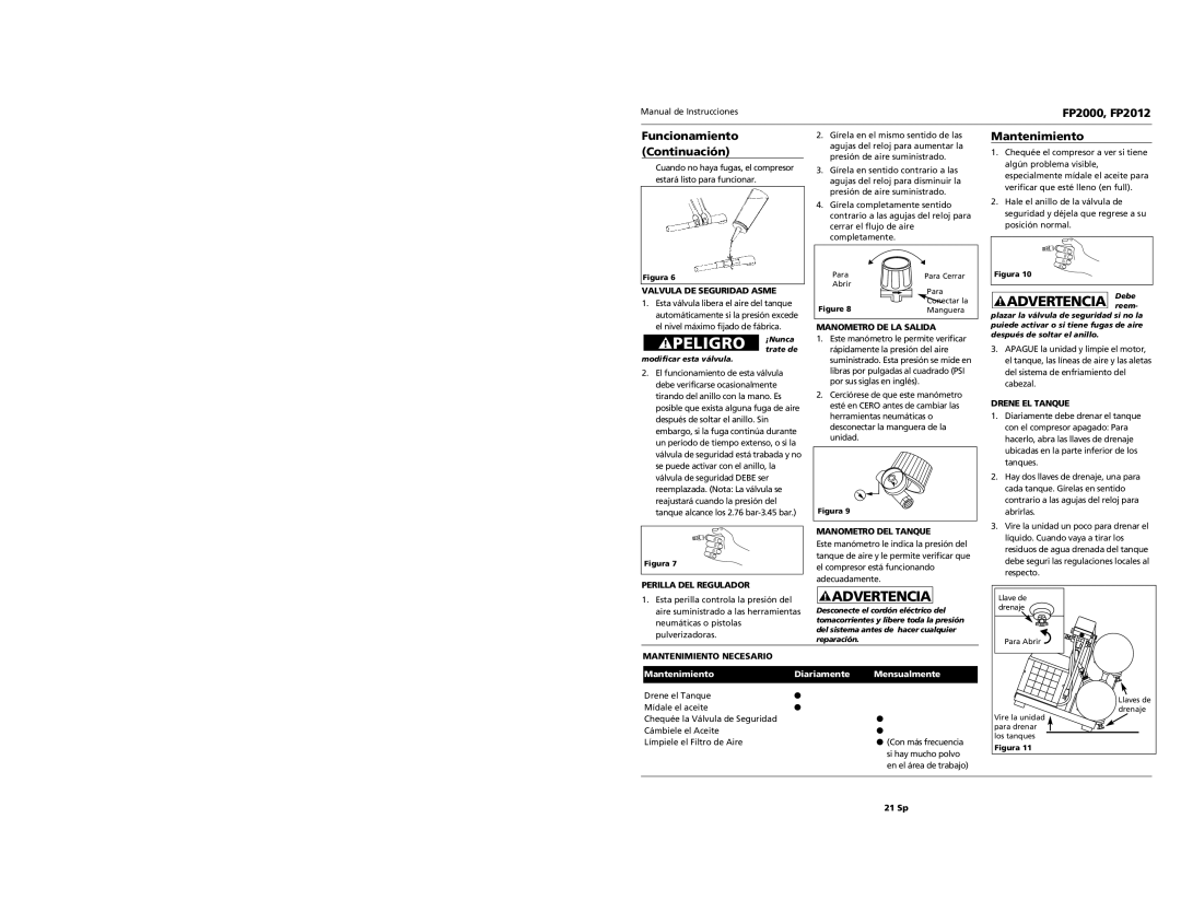 Campbell Hausfeld FP2000, FP2012 operating instructions Advertencia reem, Funcionamiento Continuación, Mantenimiento 