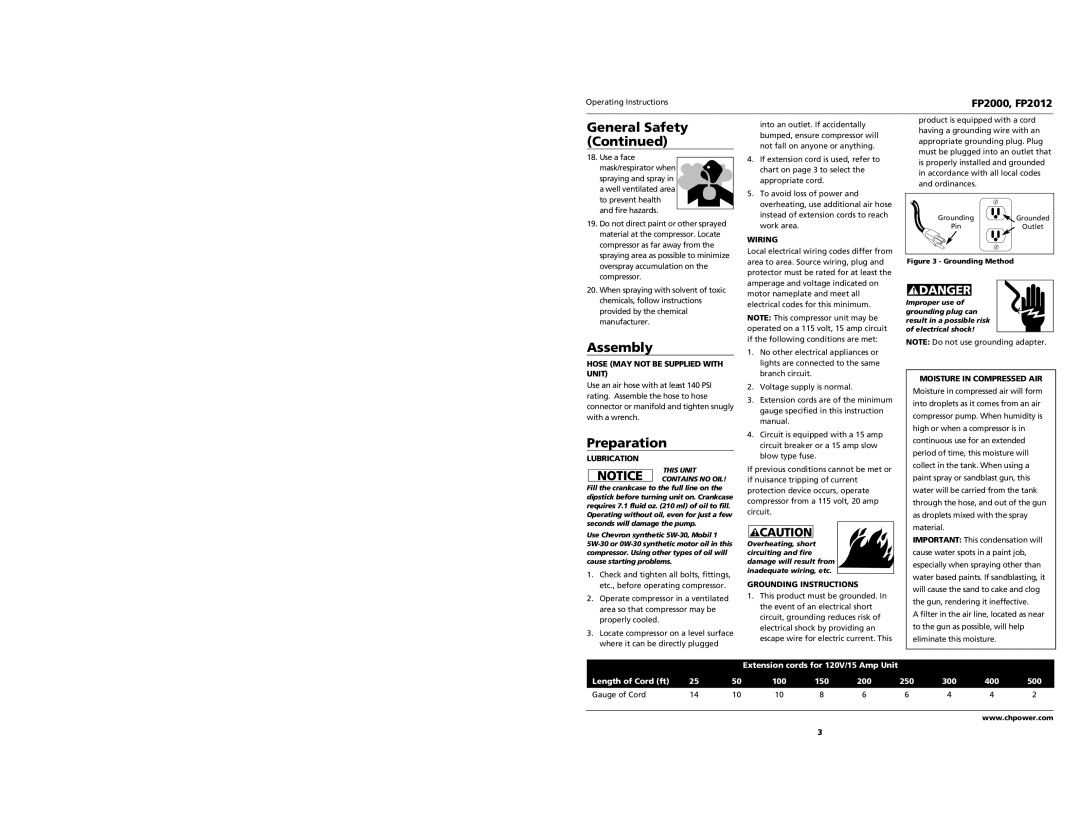 Campbell Hausfeld FP2000, FP2012 operating instructions Assembly, Preparation 