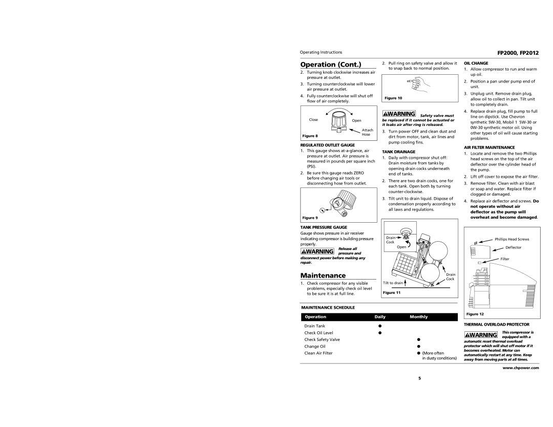 Campbell Hausfeld FP2000, FP2012 operating instructions Maintenance 