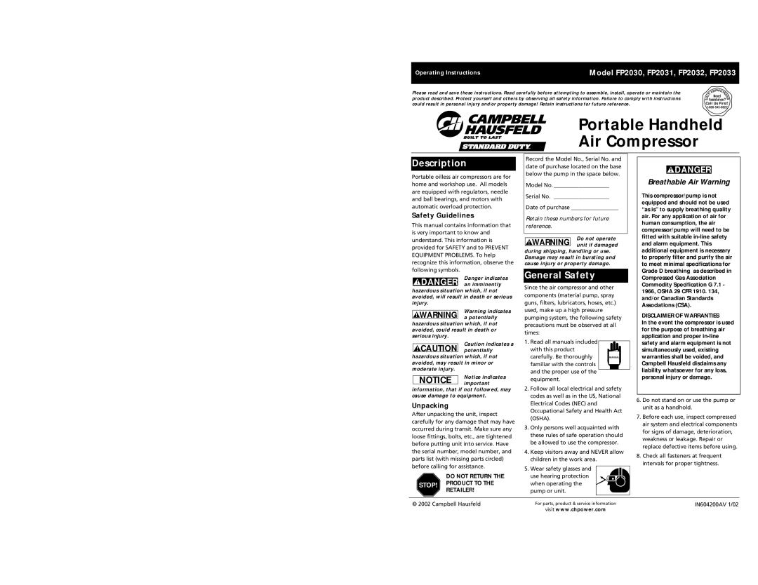 Campbell Hausfeld FP2033, FP2030, FP2031 operating instructions Description, General Safety, Safety Guidelines, Unpacking 